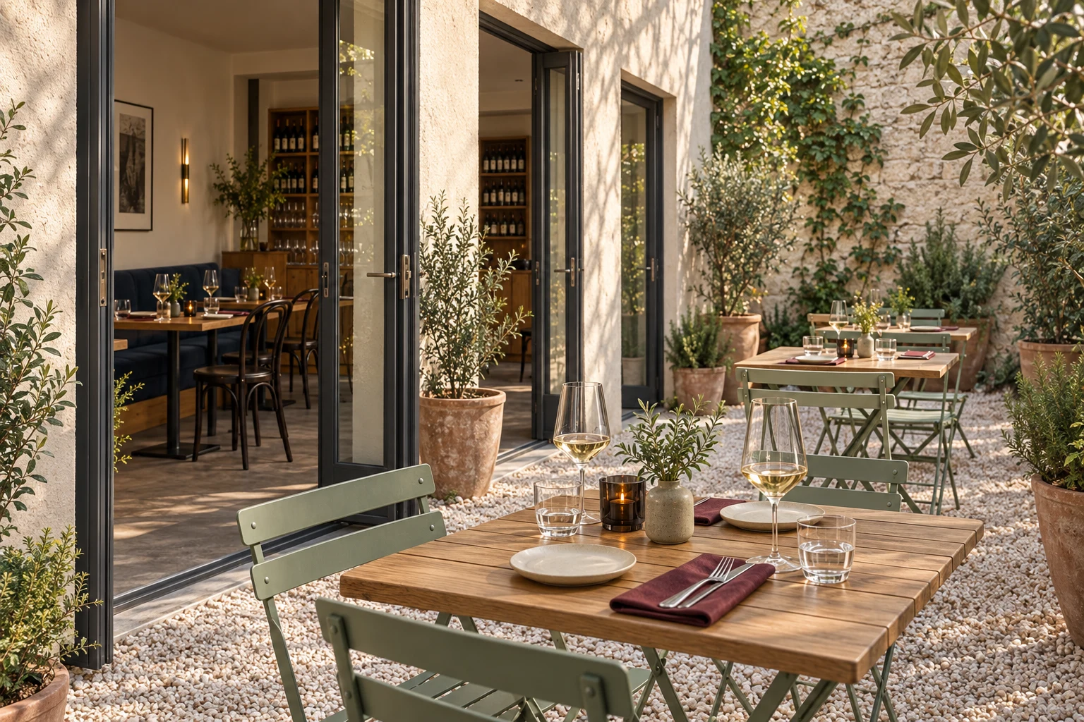 Der kleine FENN-Innenhof mit Bistrostühlen, Holztischen und offenen Türen zum Gastraum
