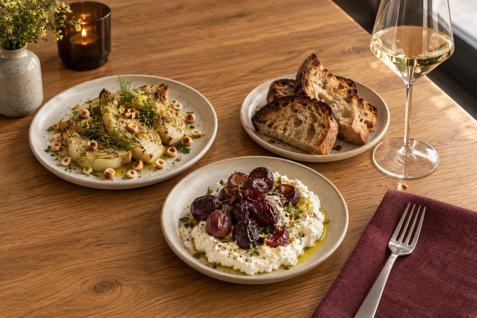 Kleine Teller mit geröstetem Fenchel, Ricotta mit Trauben und Sauerteigbrot